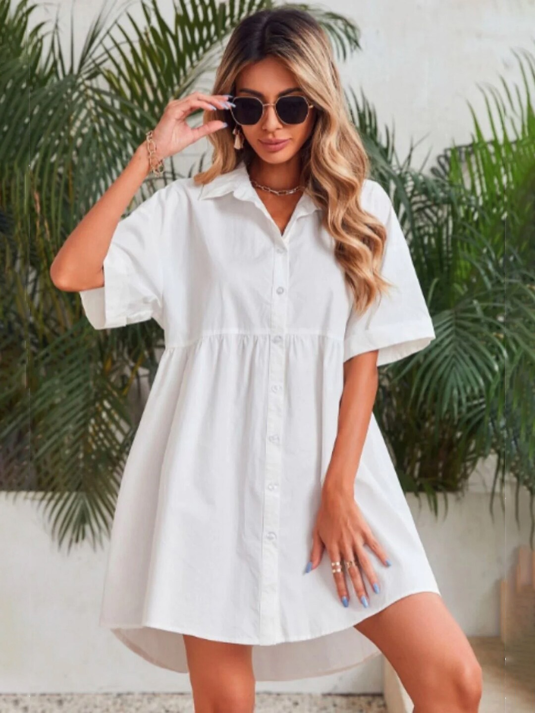 

Styched Shirt Style Cotton Mini Dress, White