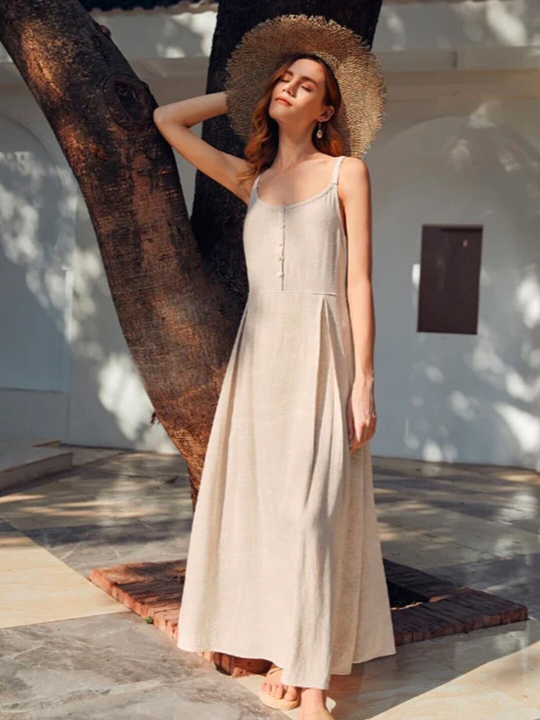 

Styched Shoulder Straps Linen A-Line Maxi Dress, Beige