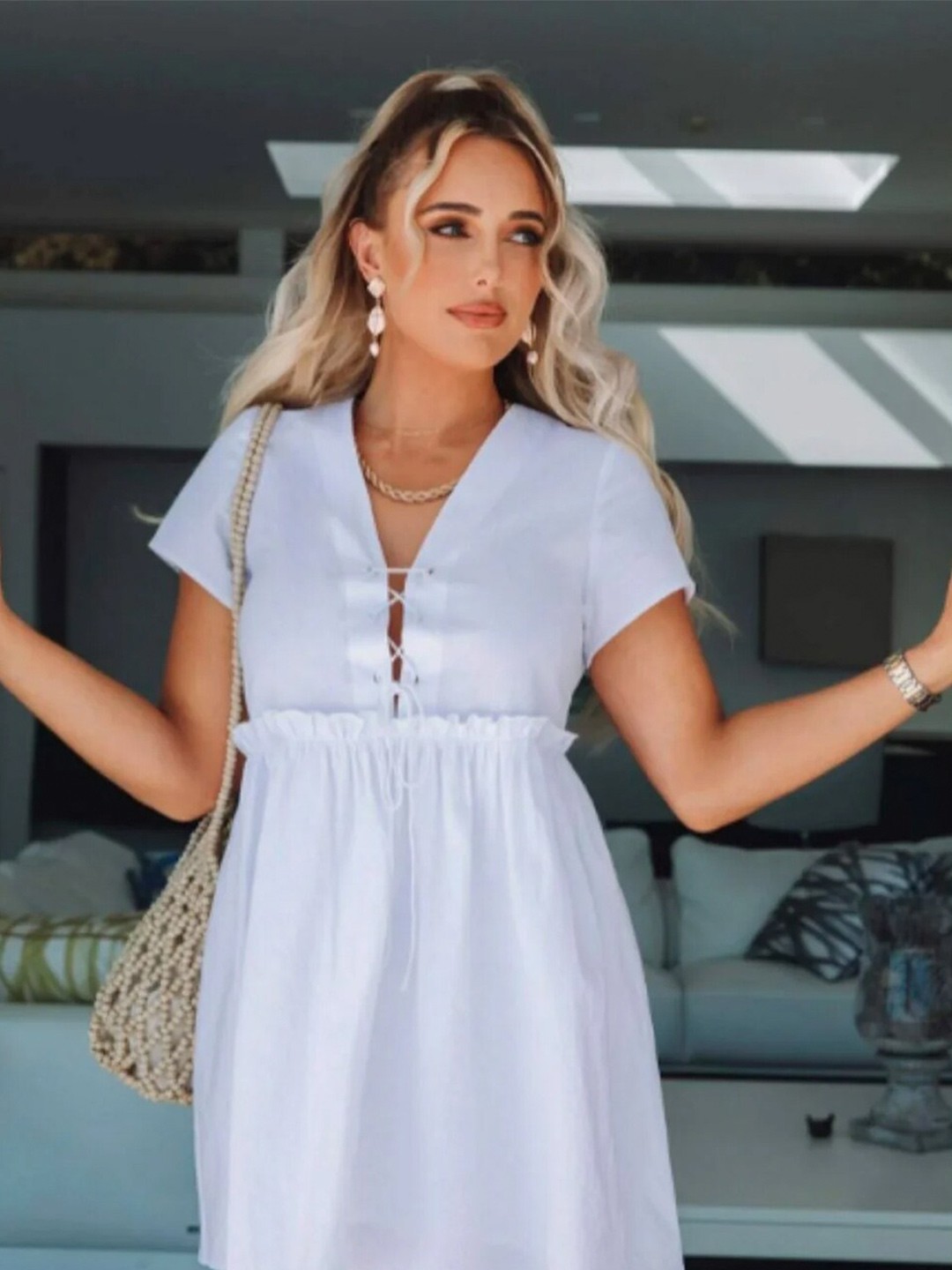 

Styched V-Neck Fit & Flare Dress, Blue