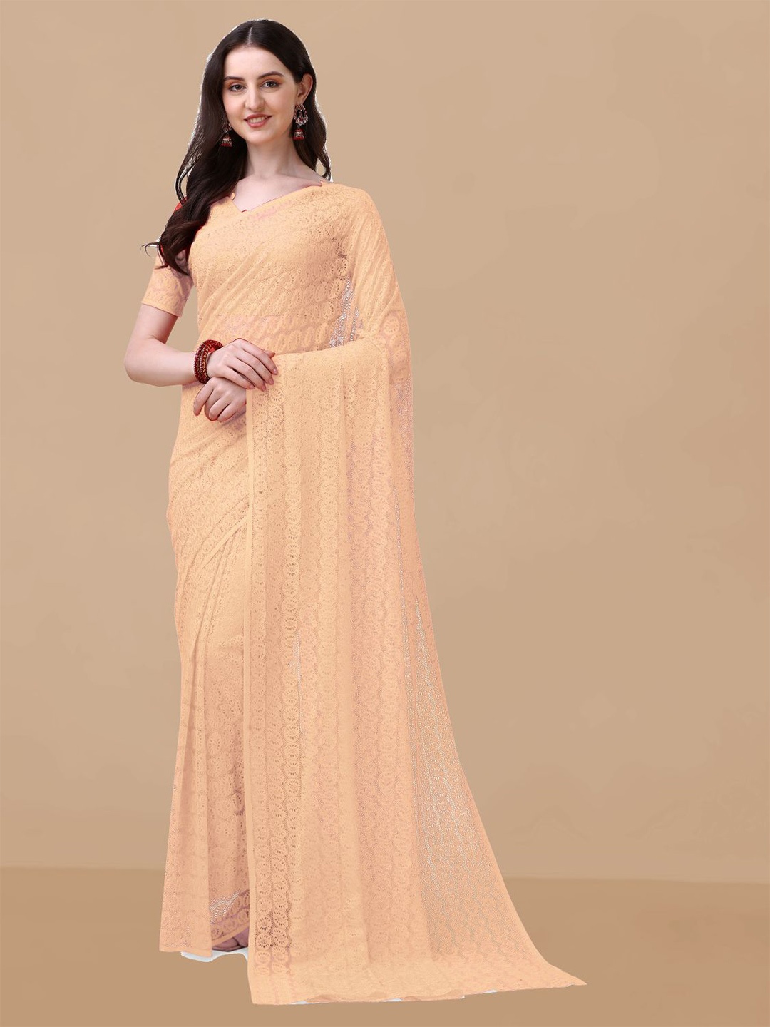 

Dori Floral Woven Design Net Saree, Peach