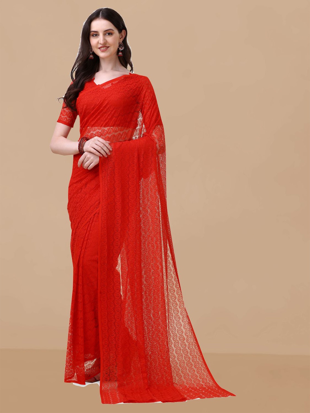 

Dori Floral Woven Design Net Saree, Red