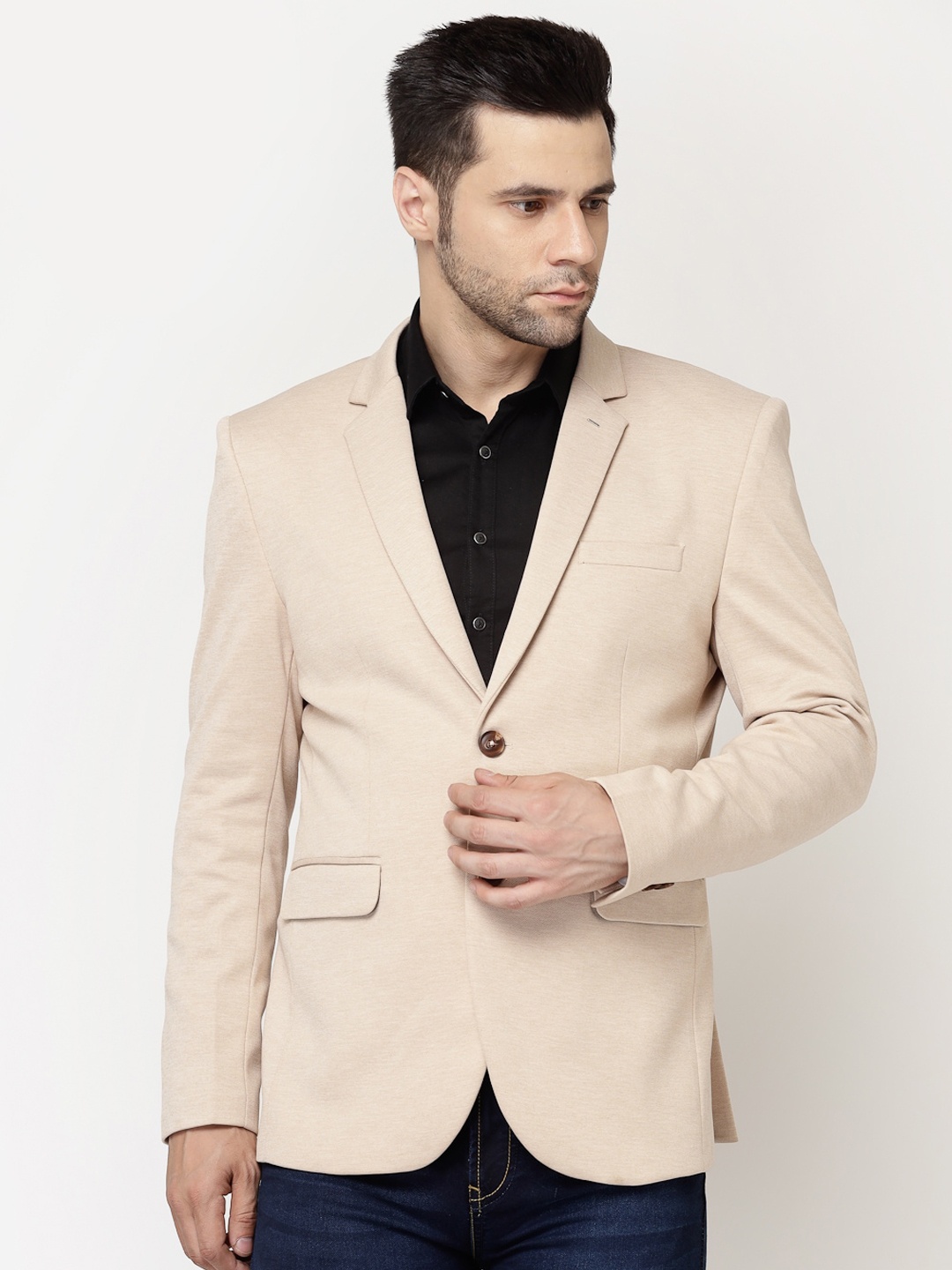 Spykee Notched Lapel Collar Single Breasted Slim Fit Blazer, Beige