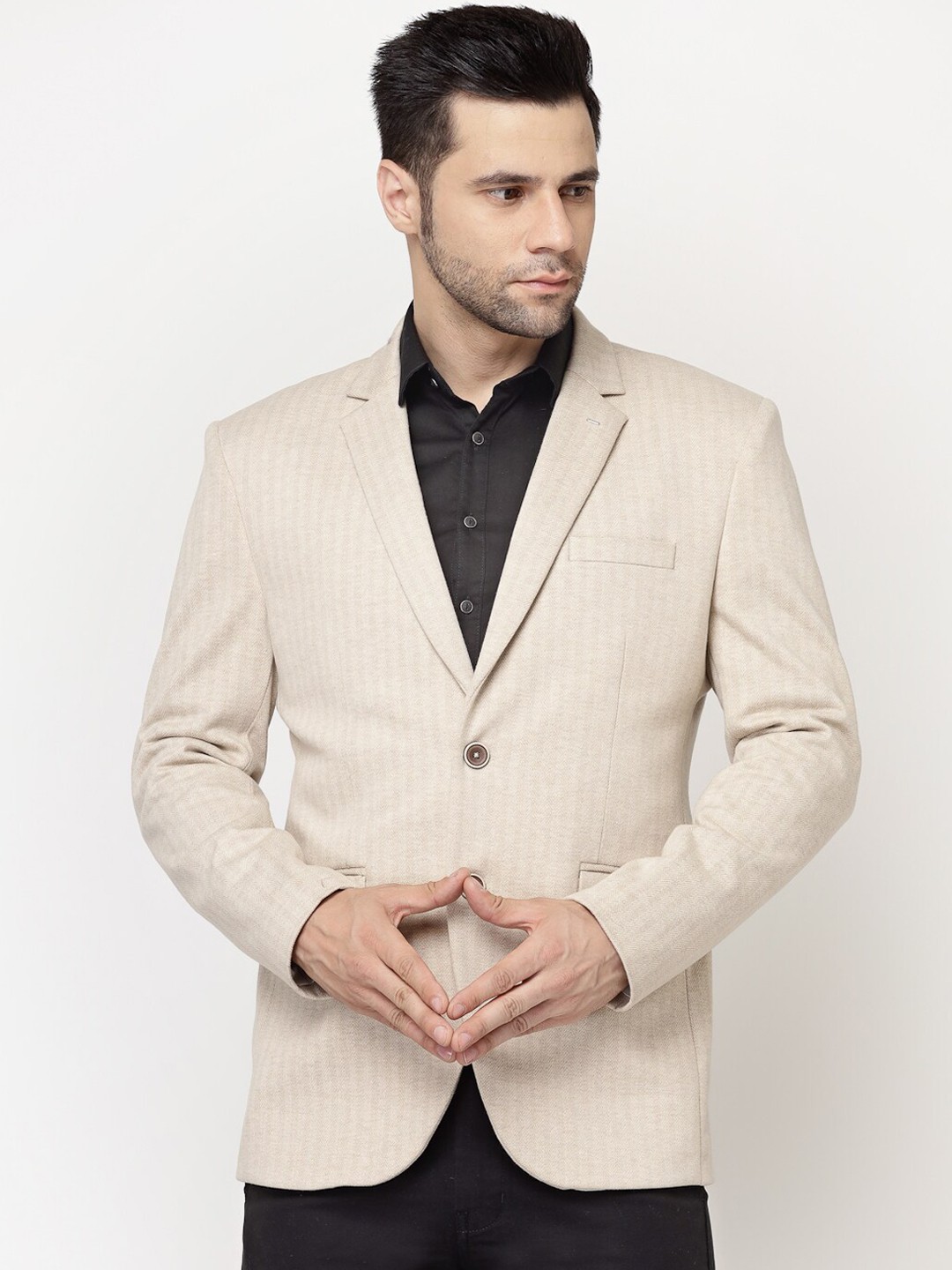 

Spykee Striped Notched Lapel Collar Single Breasted Slim Fit Blazer, Beige