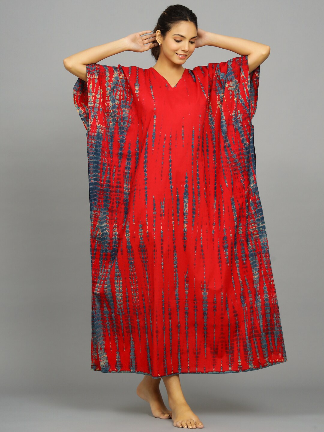 

HANDICRAFT PALACE Tie And Dye Printed V-Neck Cotton Kaftan Maxi Nightdress, Red