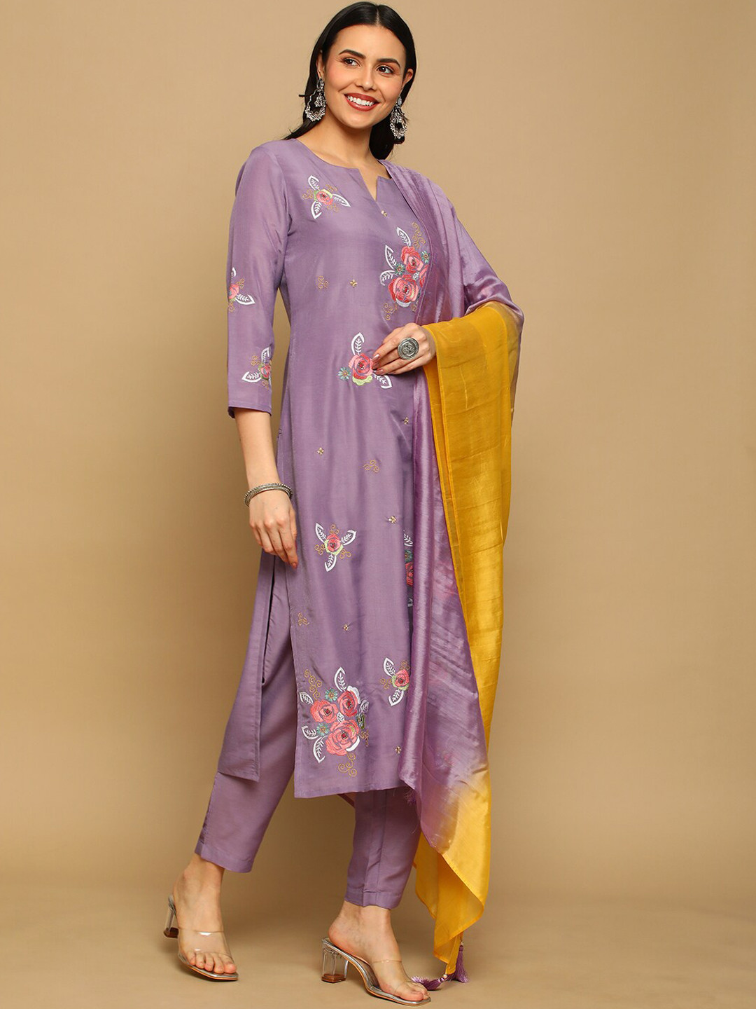 

HEEPOSH Floral Embroidered Kurta With Trousers & Dupatta, Purple