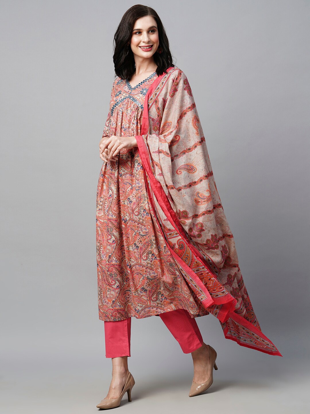 

HEEPOSH Paisley Printed Kurta with Trousers & Dupatta, Coral