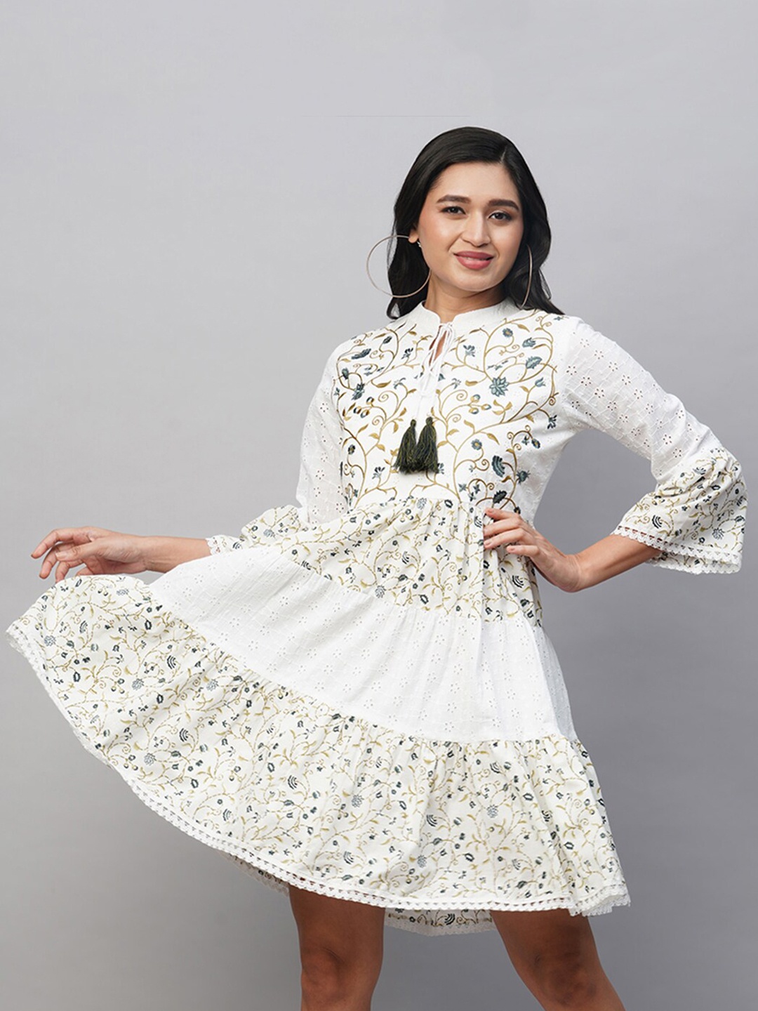 

HEEPOSH Floral Embroidered Bell Sleeves Gathered Cotton A-Line Dress, White