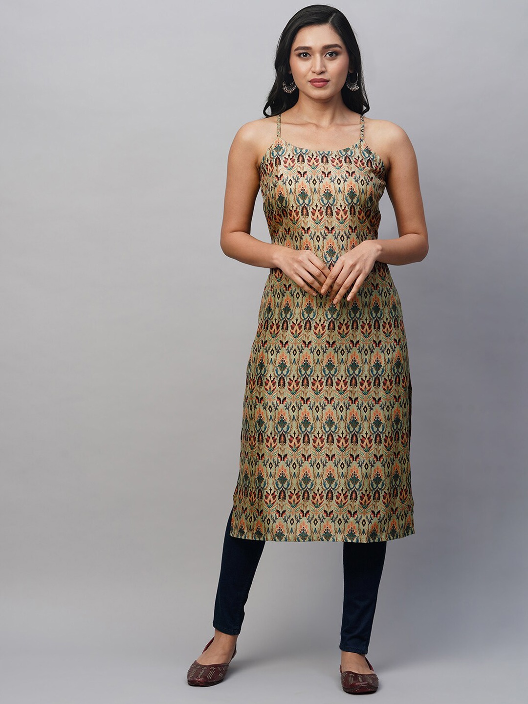 

HEEPOSH Women Sea Green Floral Printed Flared Sleeves Mirror Work Handloom Anarkali Kurta