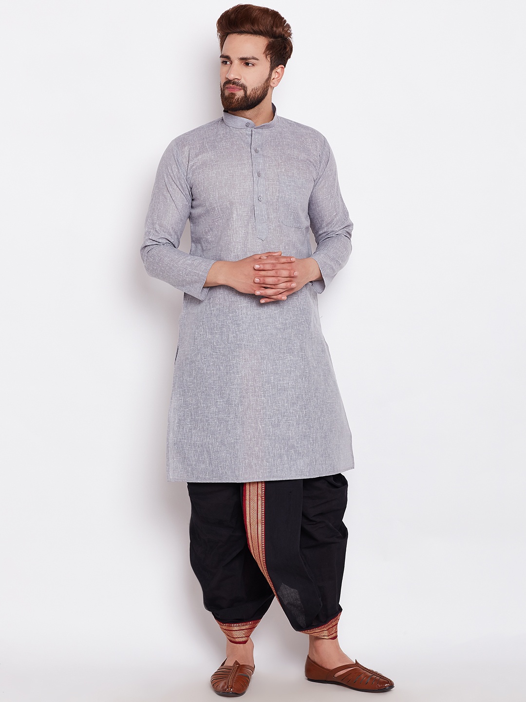 

SOJANYA Men Grey & Black Solid Kurta with Dhoti Pants