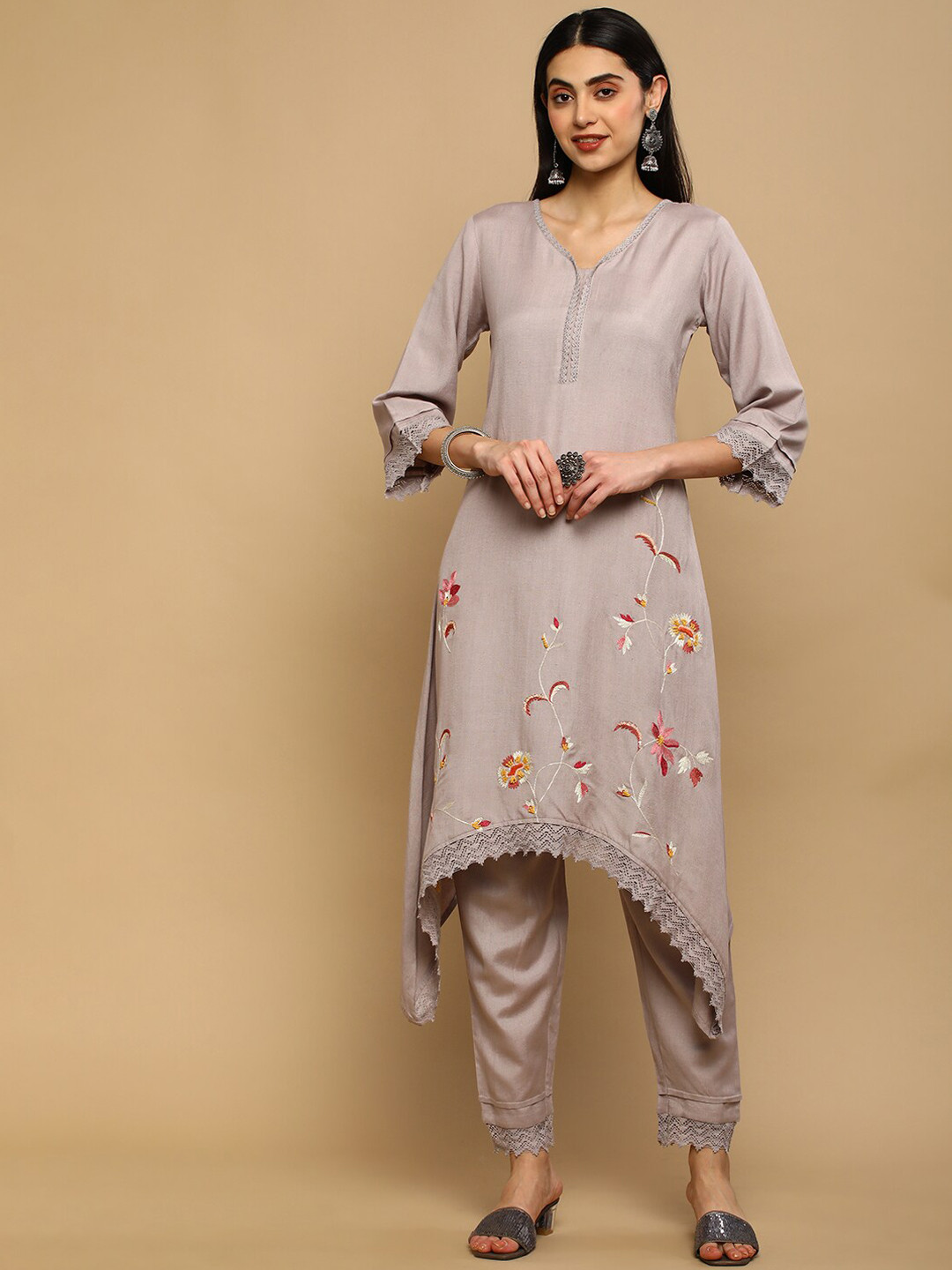 

HEEPOSH Floral Embroidered Empire Kurta with Trousers & Dupatta, Taupe