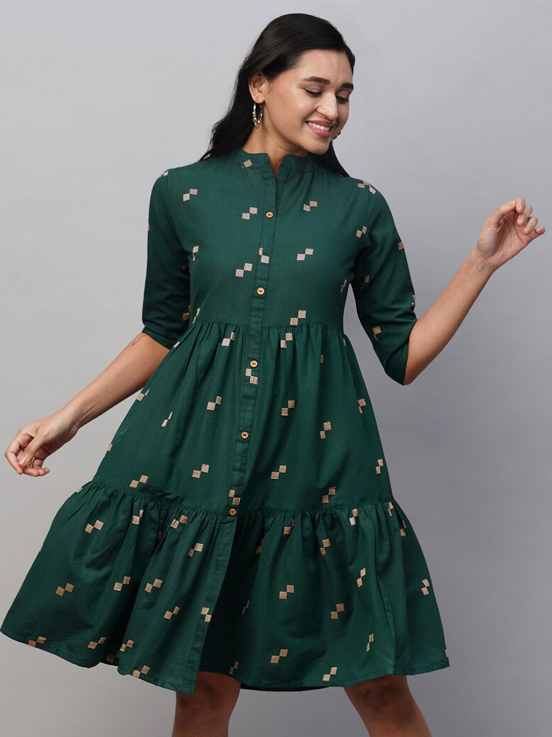 

HEEPOSH Geometric Printed Gathered Detailed A-Line Dress, Green