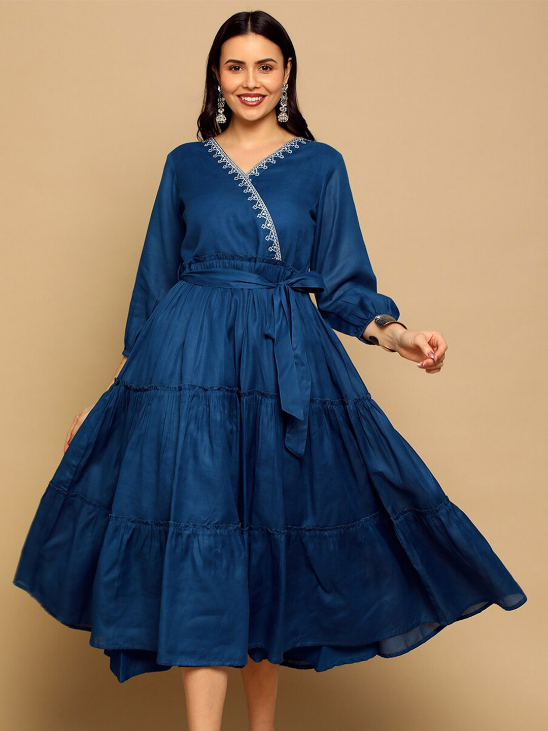 

HEEPOSH Ethnic Motifs Embroidered V-Neck Gathered Cotton Fit & Flare Ethnic Dress, Navy blue