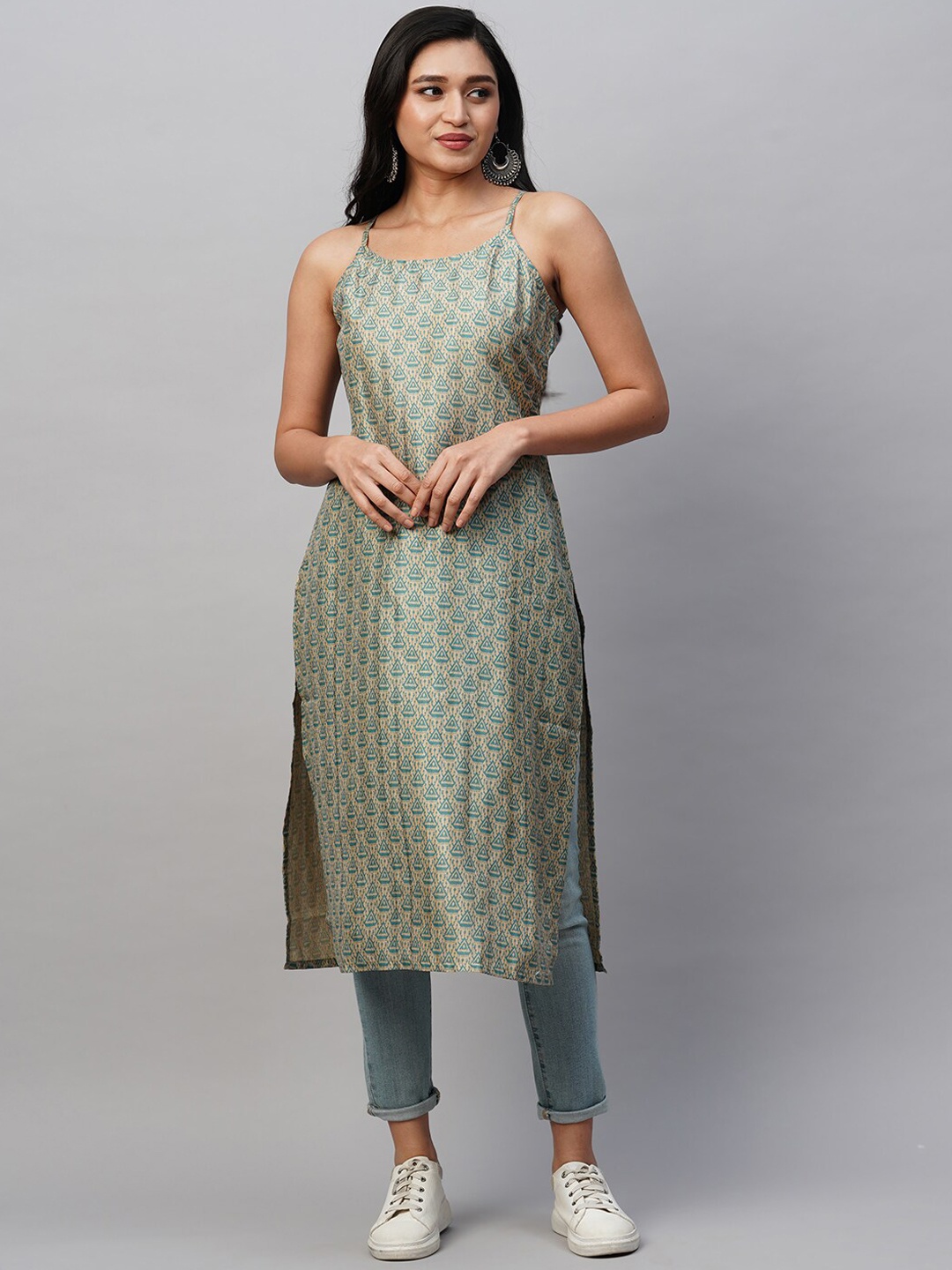 

HEEPOSH Geometric Printed Shoulder Strap Silk Kurta, Beige