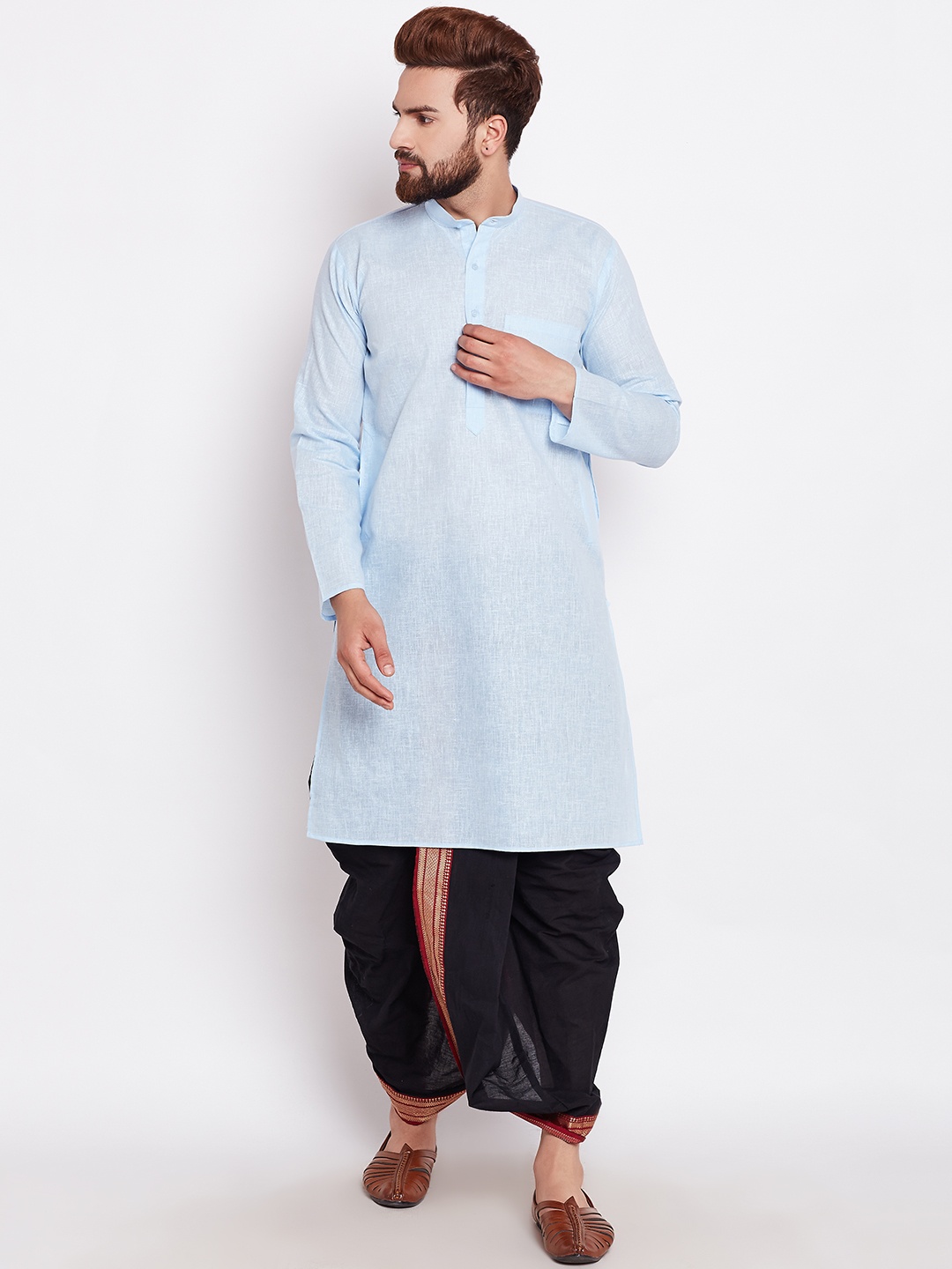 

SOJANYA Men Turquoise Blue & Black Solid Kurta with Dhoti Pants