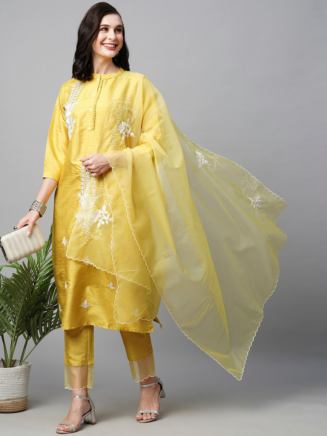 

HEEPOSH Floral Embroidered Mirror Work Kurta With Trousers & Dupatta, Yellow