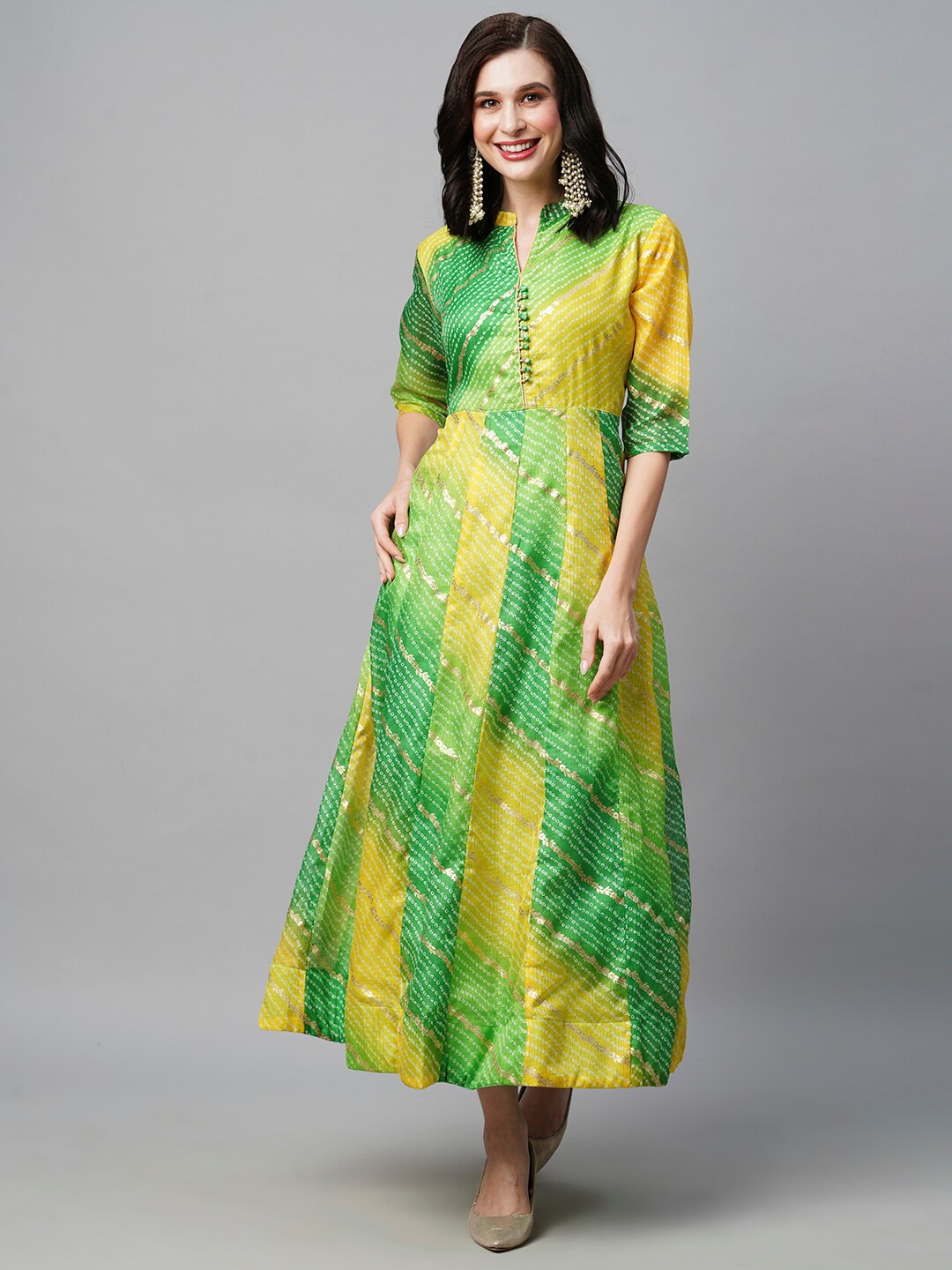 

HEEPOSH Bandhani Ethnic Motifs Printed Gathered A-Line Ethnic Dress, Yellow