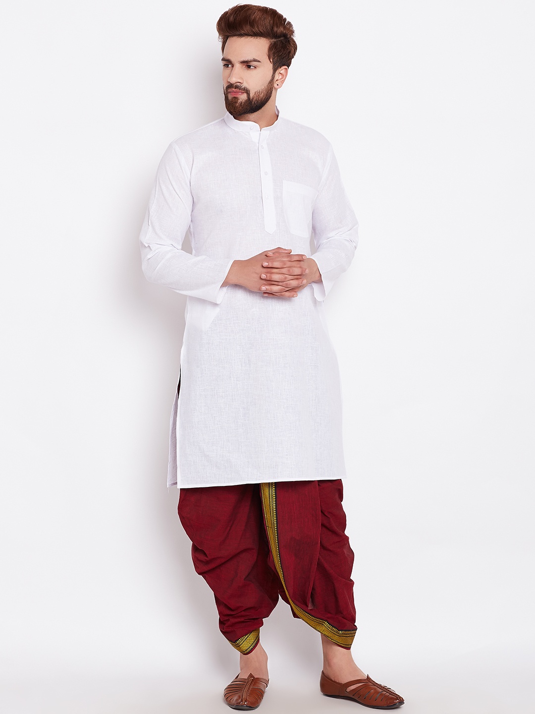 

SOJANYA Men White & Maroon Solid Kurta with Dhoti Pants