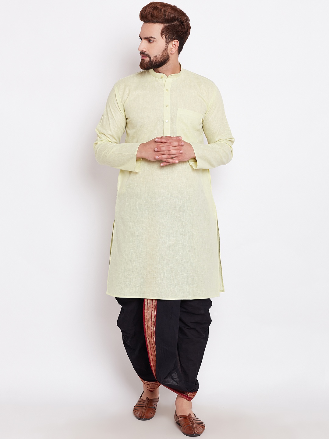 

SOJANYA Men Lime Green & Black Solid Kurta with Dhoti Pants