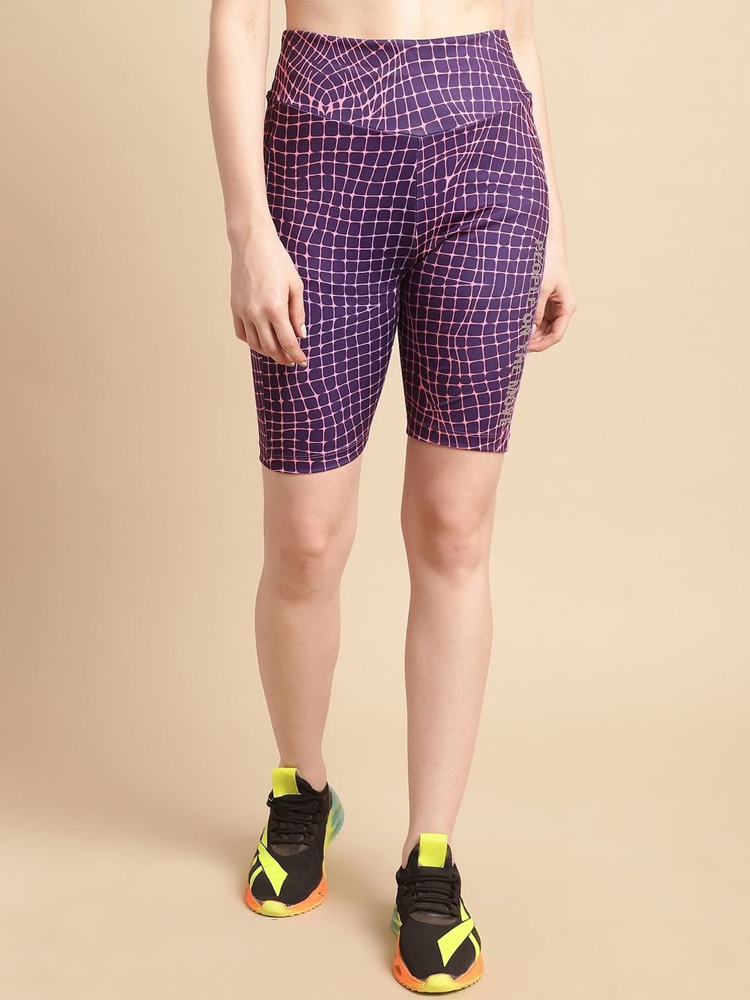 

PERFKT-U Women Checked High-Rise Rapid-Dry Sports Shorts, Purple