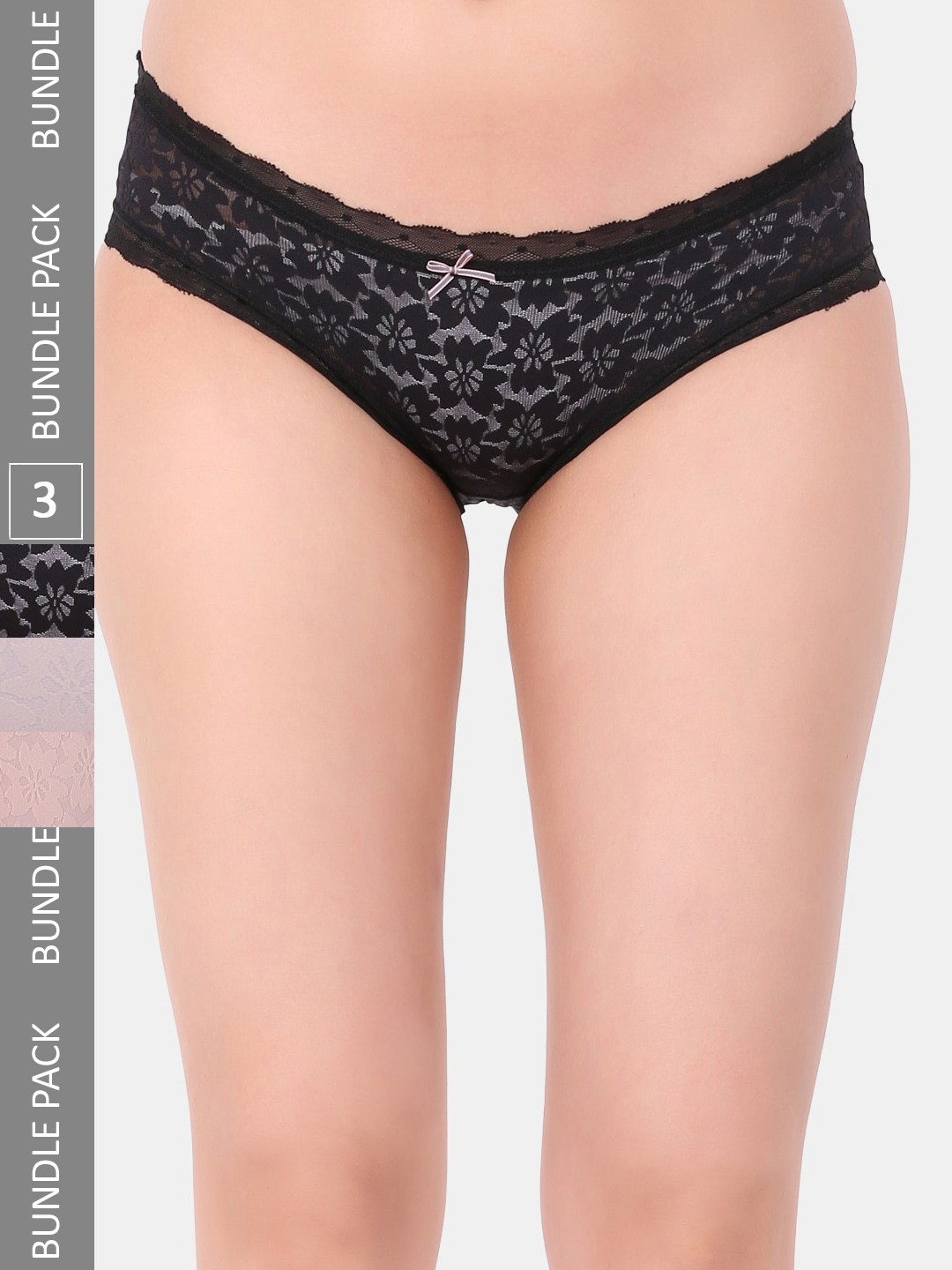 

Amour Secret Pack Of 3 Floral Printed Laced Mid-Rise Hipster Briefs, Black