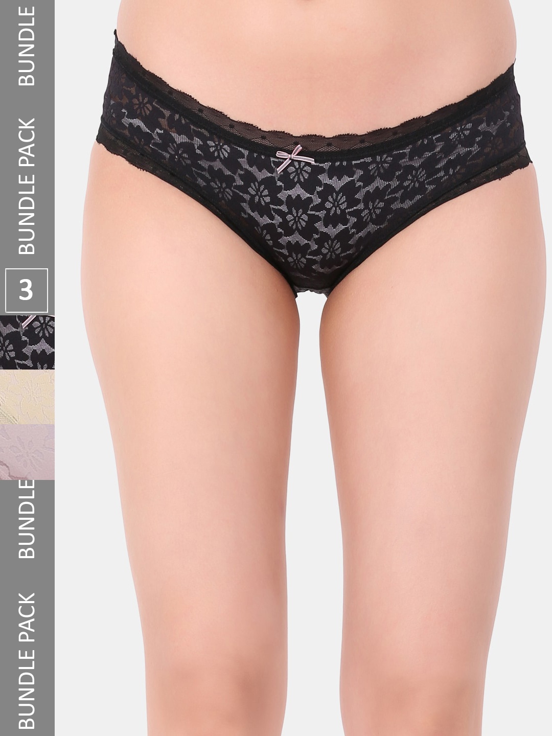 

Amour Secret Pack Of 3 Floral Printed Laced Hipster Briefs P3638_Blk_Grn_Rbn, Black