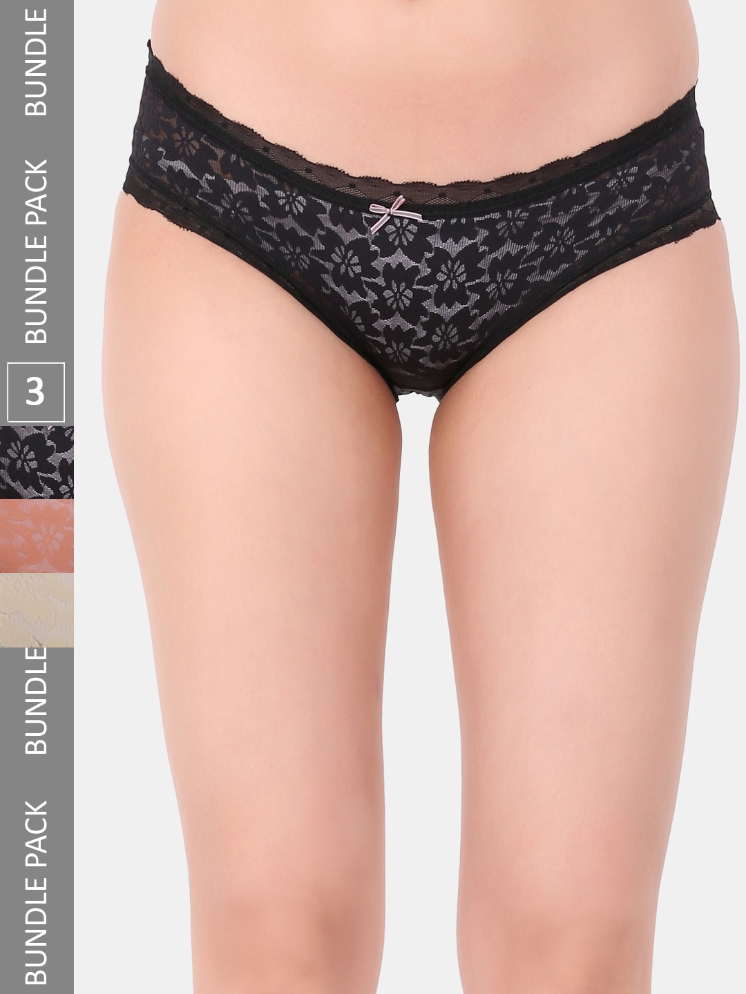 

Amour Secret Pack Of 3 Self Design Lace Detail Leak Proof Hipster Briefs, Black