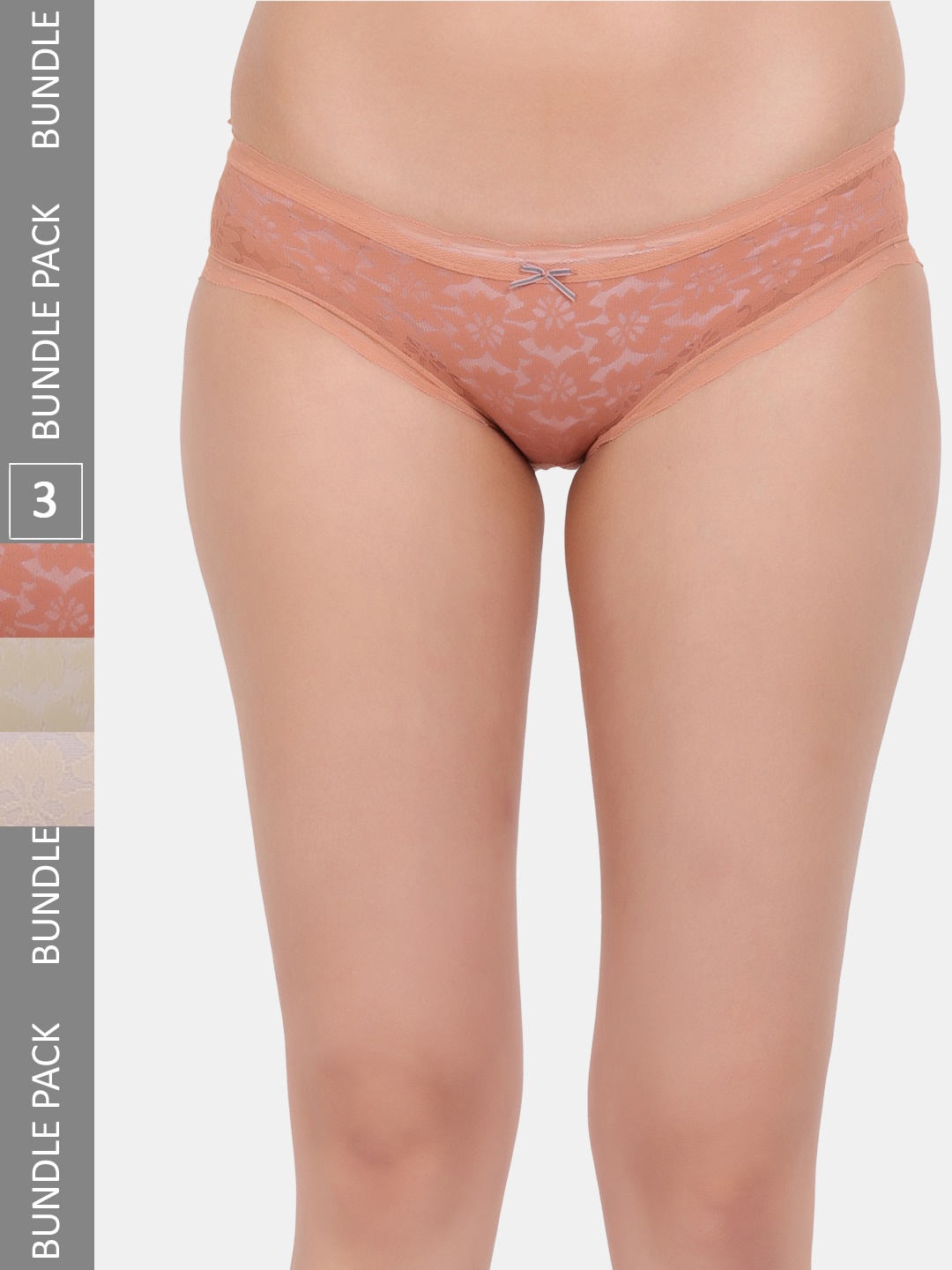 Amour Secret Pack Of 3 Self Design Laced Leaf Proof Hipster Briefs, Peach
