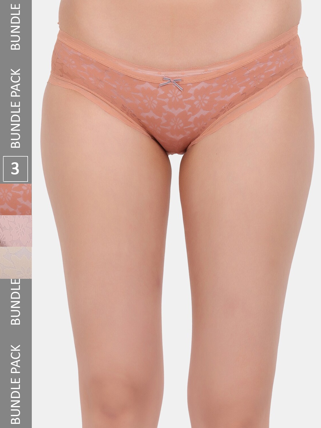 Amour Secret Pack Of 3 Self Design Laced Leaf Proof Hipster Briefs, Brown