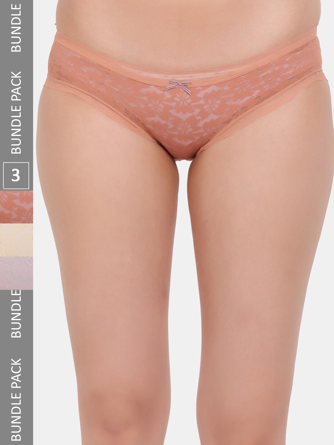 Amour Secret Pack Of 3 Self Design Lace Detail Leak Proof Hipster Briefs, Brown