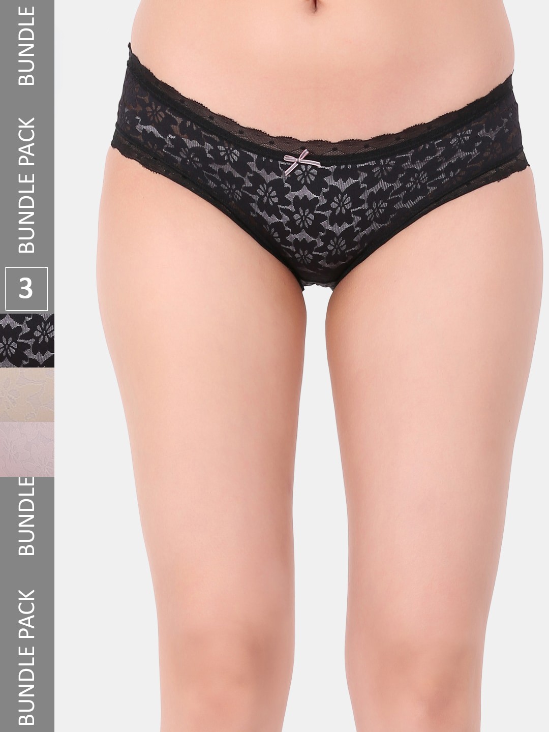 

Amour Secret Pack Of 3 Self Design Lace Detail Leak Proof Hipster Briefs, Black
