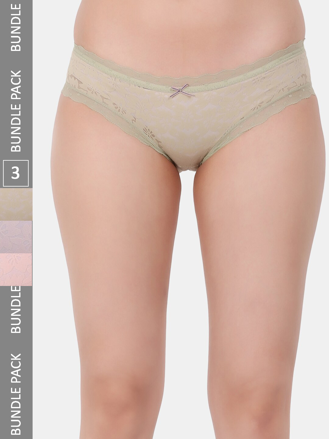 

Amour Secret Pack Of 3 Self Design Lace Detail Leak Proof Jacquard Hipster Briefs, Green