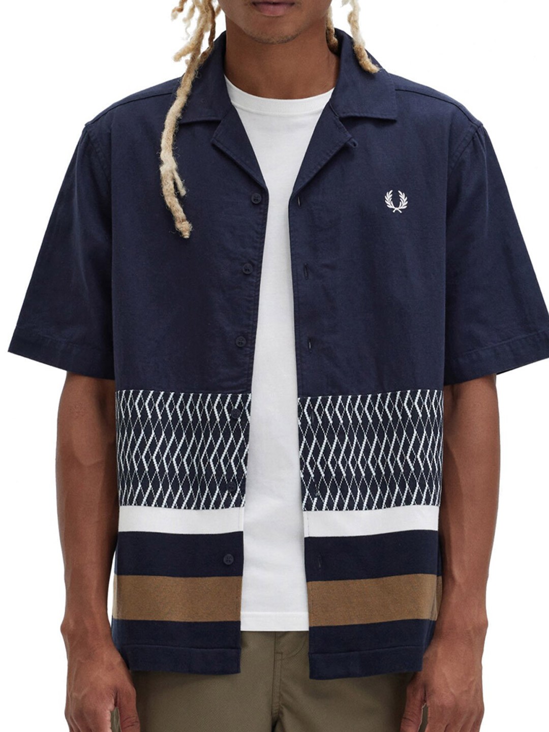 

Fred Perry Regular Fit Geometric Printed Cuban Collar Opaque Cotton Casual Shirt, Navy blue