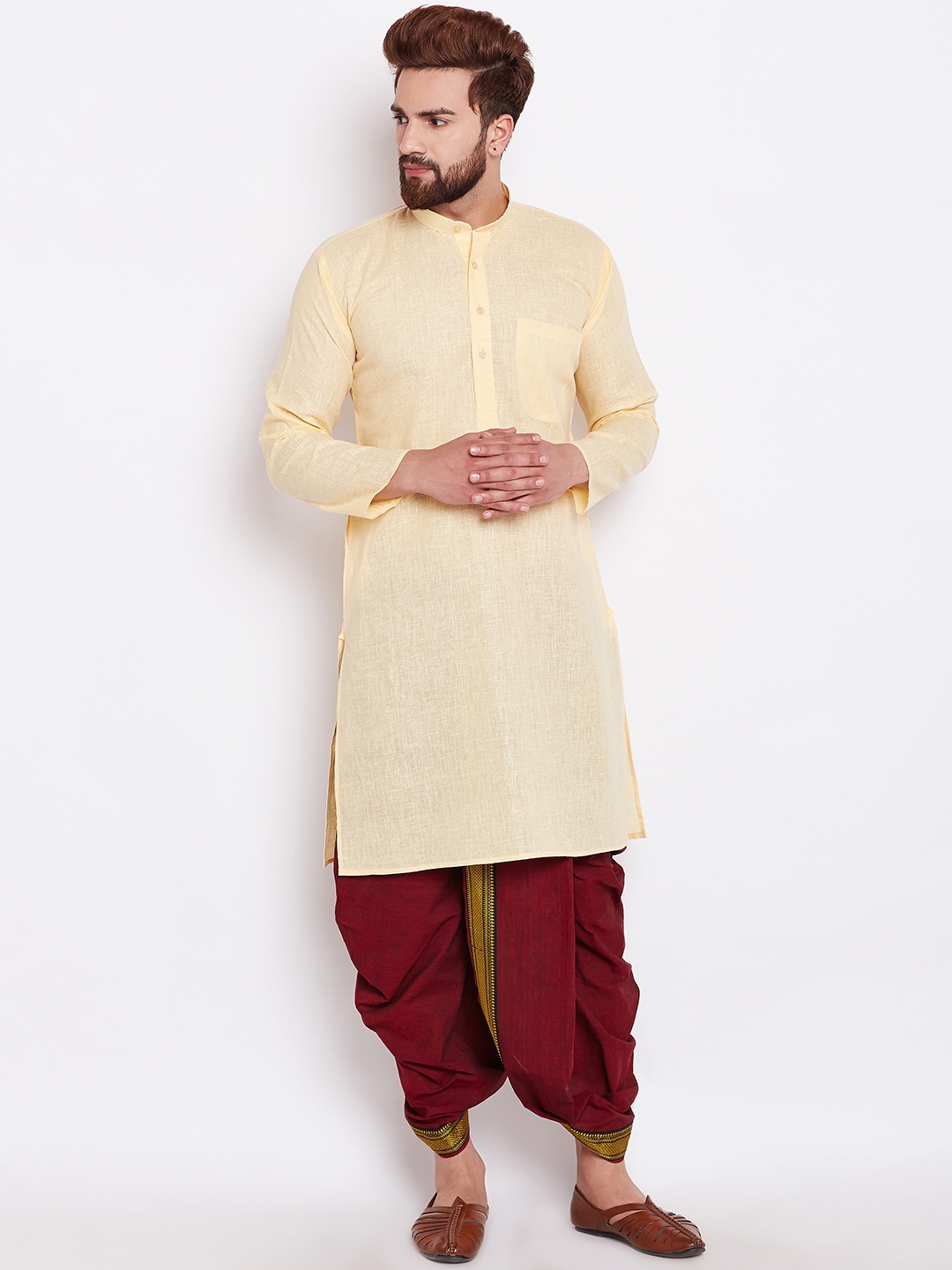 

SOJANYA Men Yellow & Maroon Solid Kurta with Dhoti Pants
