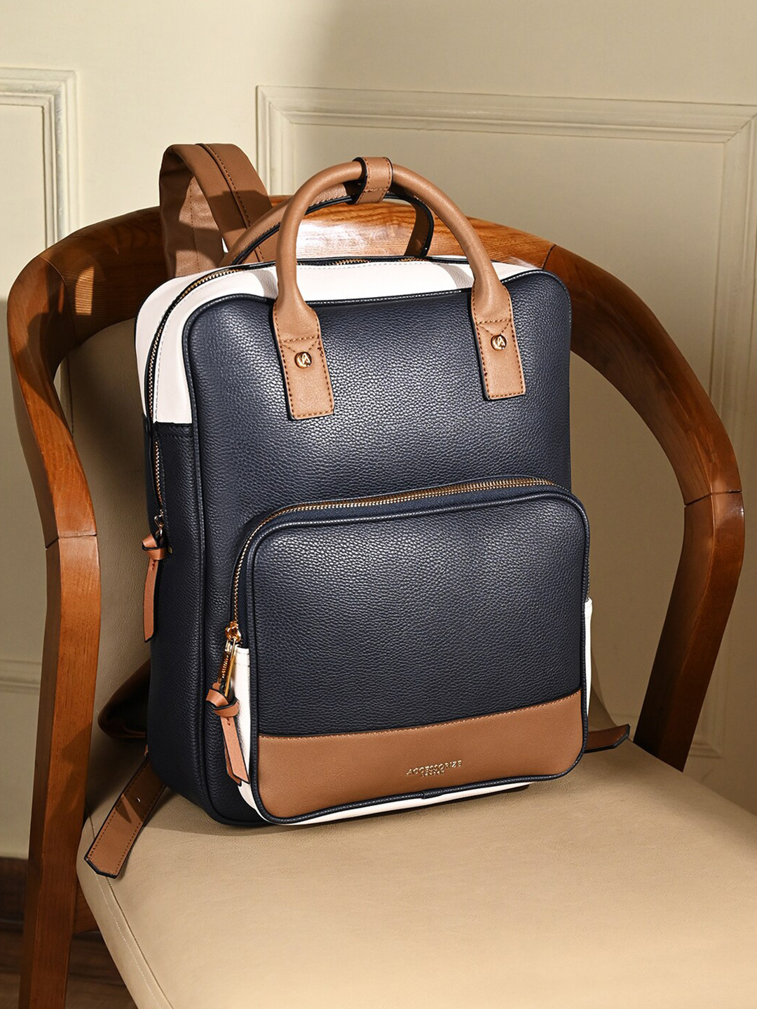 

Accessorize London Faux Leather Pocket Handle Backpack With 12" Laptop Sleeve, Navy blue