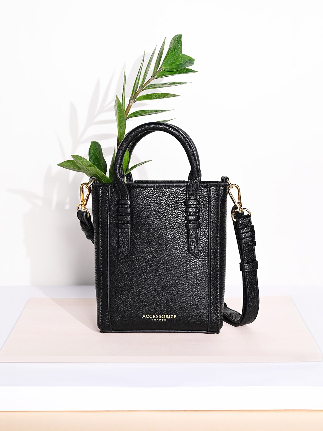 Accessorize London Faux Leather Artisan Handle Satchel Sling Bag, Black
