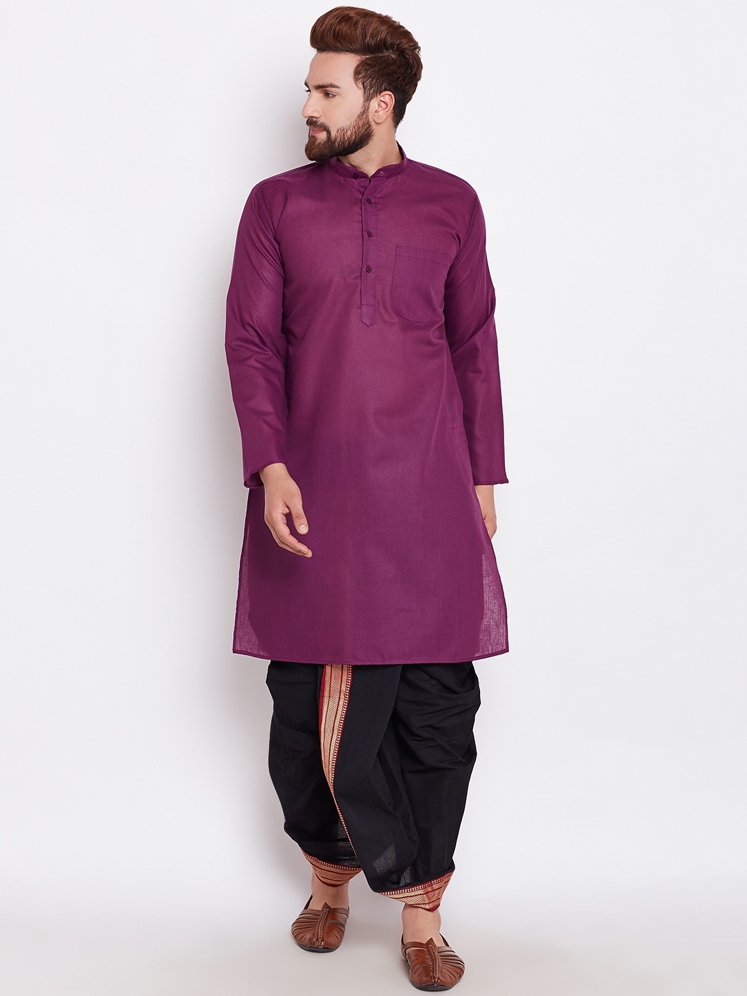 

SOJANYA Men Purple & Black Solid Kurta with Dhoti Pants