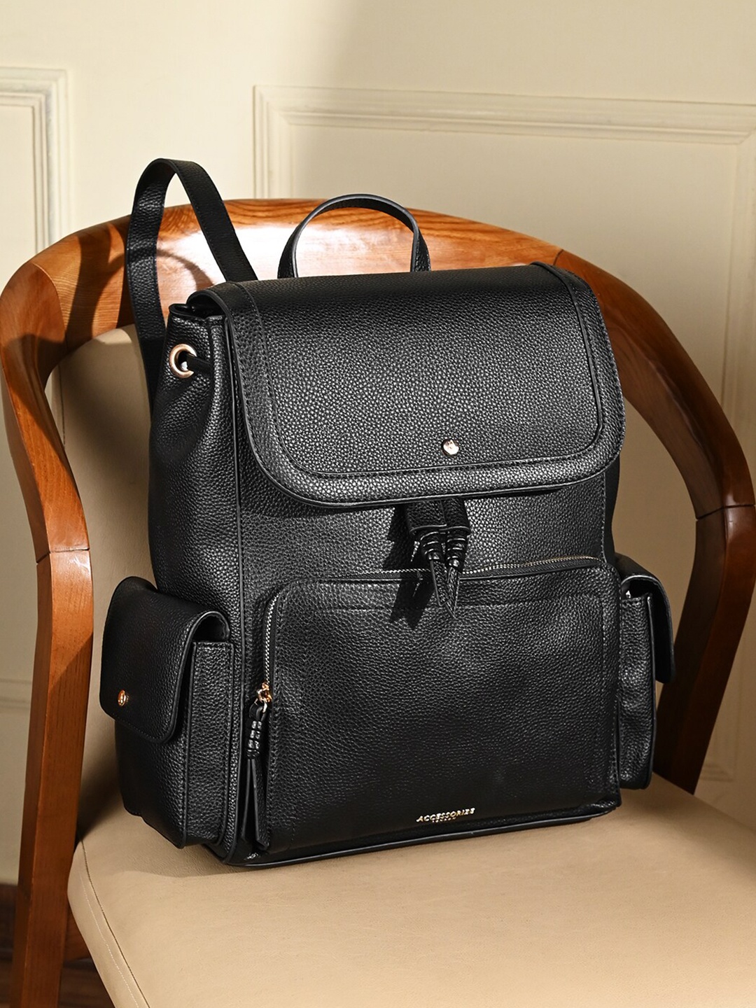 

Accessorize London Women Faux Leather Pocket Laptop Backpack with 12" Laptop Sleeve, Black
