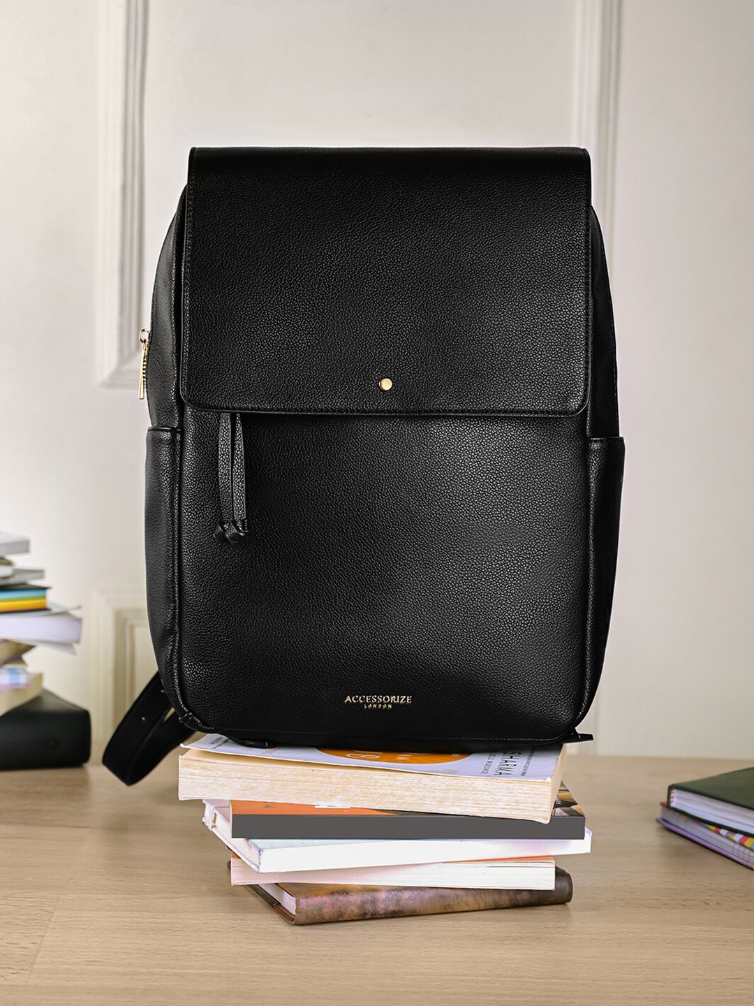 Accessorize London Faux Leather Fold over Flap Rucksack, Black