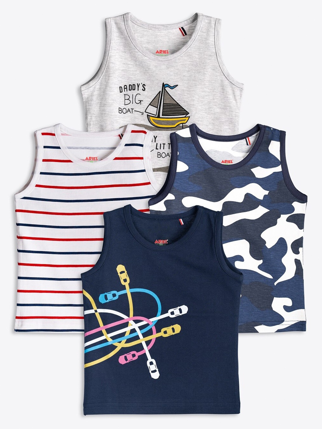 ariel Boys Pack Of 4 Printed Round Neck Sleeveless Pure Cotton T-shirt, Grey