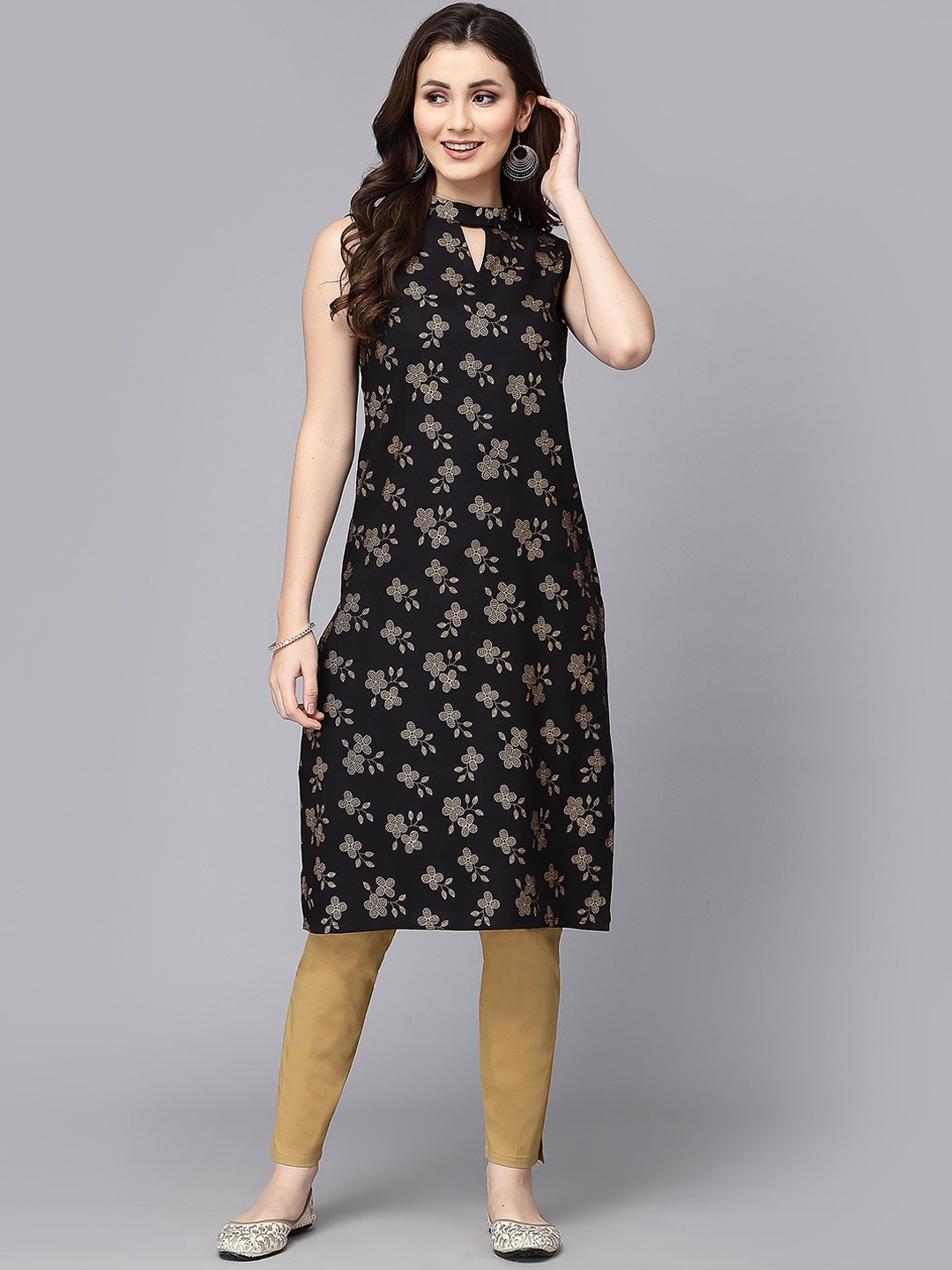 

KALINI Floral Printed Keyhole Neck Foil Print Cotton Straight Kurta, Black