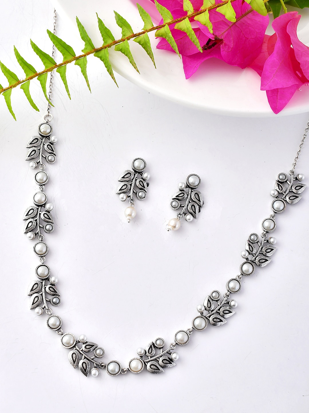 

Voylla Silver-Plated Oxidised Necklace Set