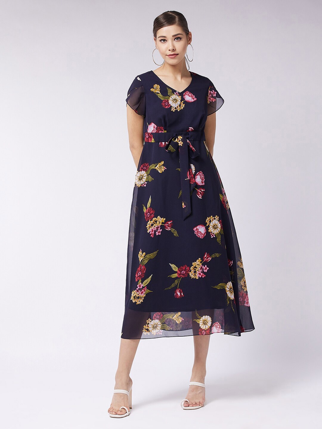 

Miss Chase Floral Printed Tie-Up A-Line Midi Dress, Navy blue