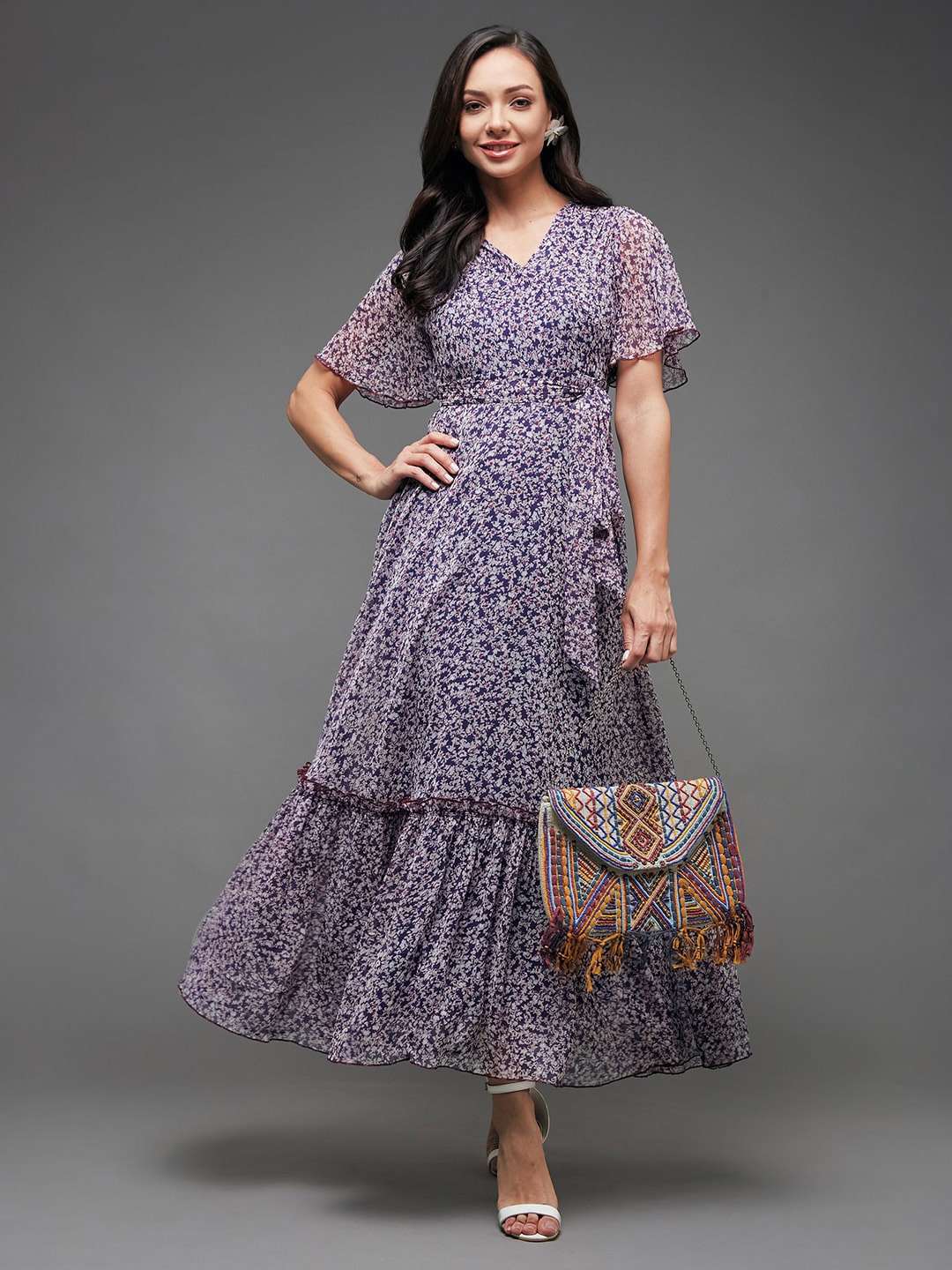 

Miss Chase Floral Printed Flared Sleeve Maxi Dress, Purple