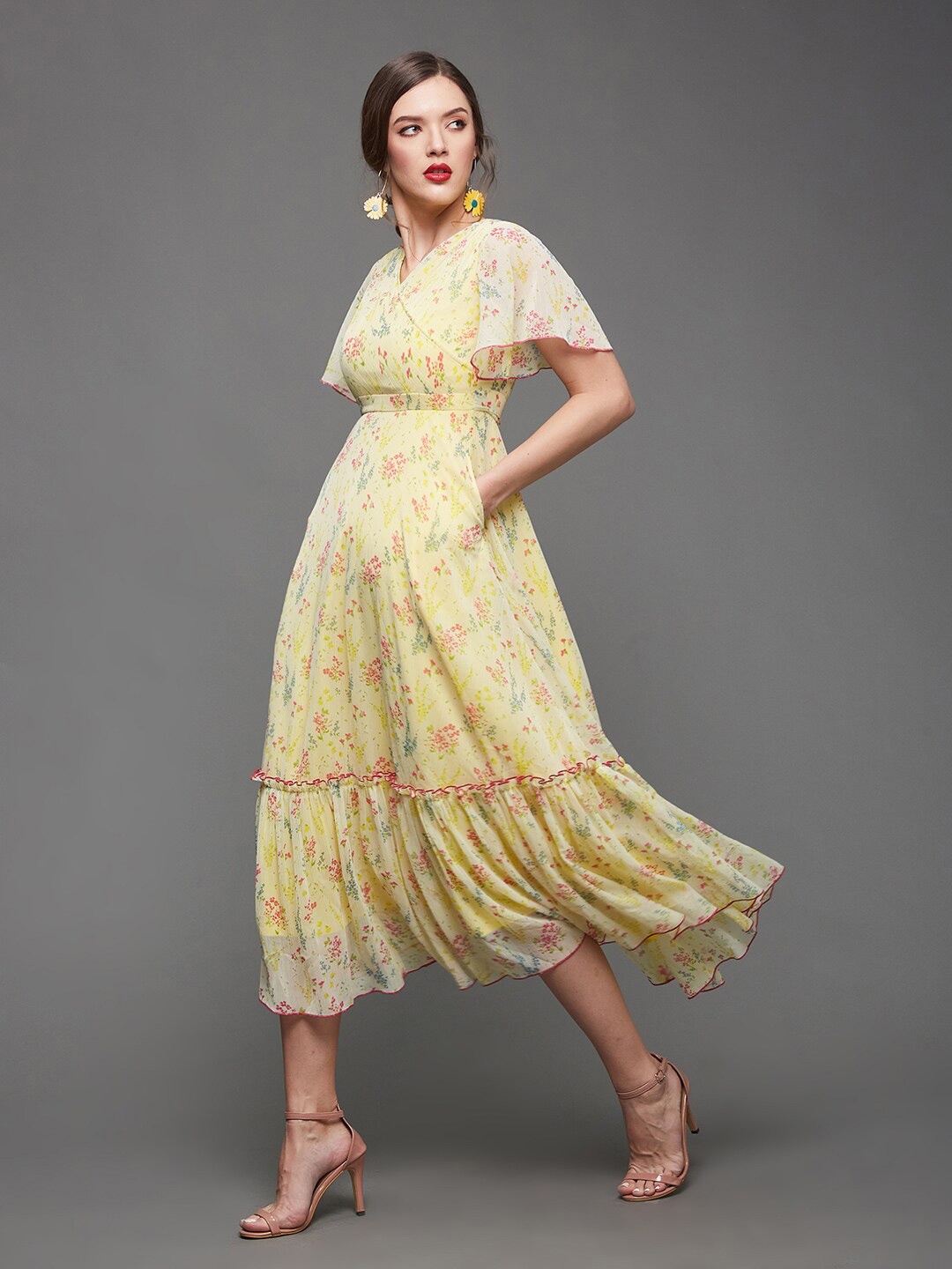 Miss Chase Floral Printed Flared Sleeves Chiffon A-Line Midi Dress, Yellow