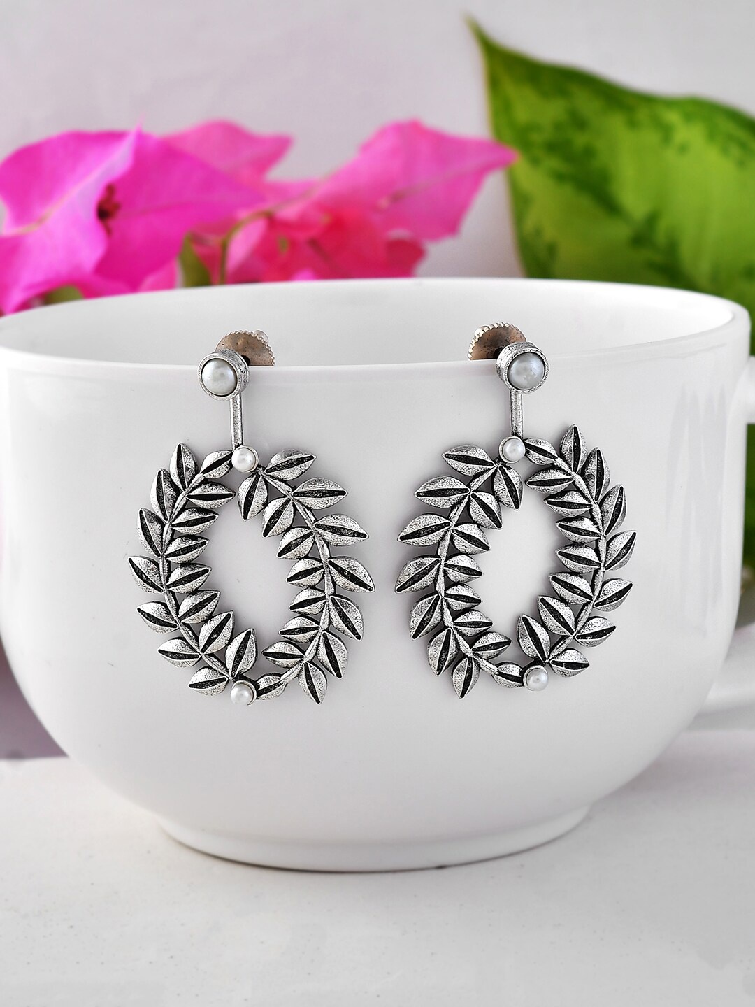 

Voylla Silver-Plated Beaded Oxidised Drop Earrings