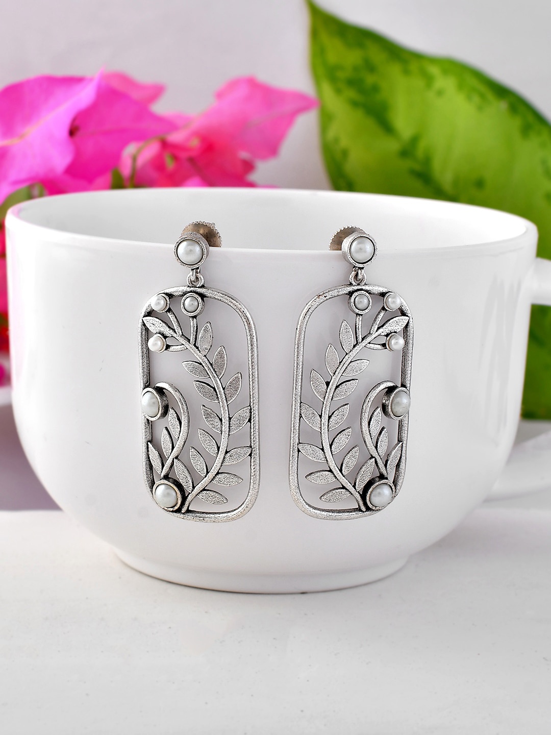 

Voylla Silver-Plated Beaded Oxidised Drop Earrings