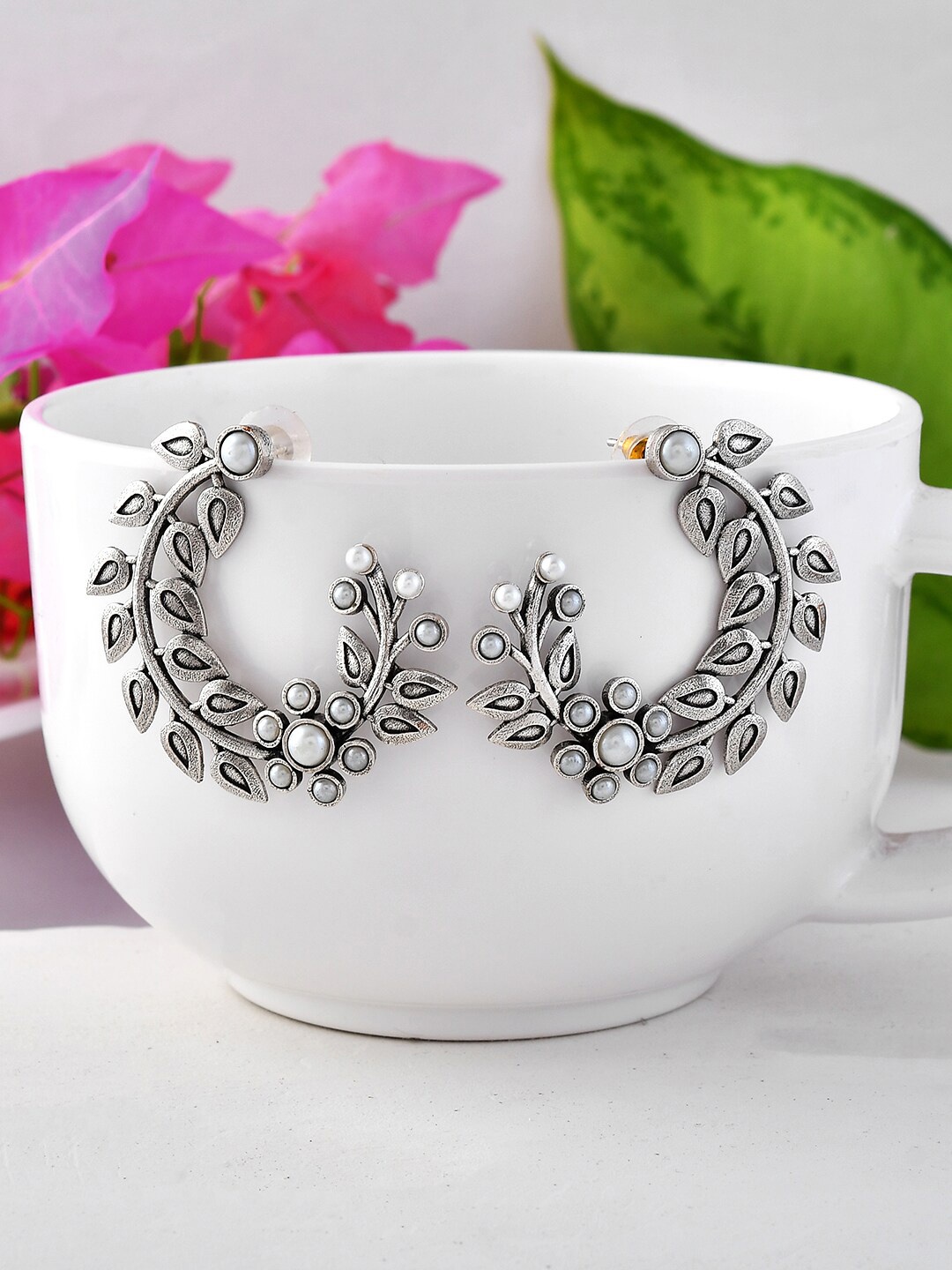

Voylla Silver-Plated Beaded Oxidised Drop Earrings