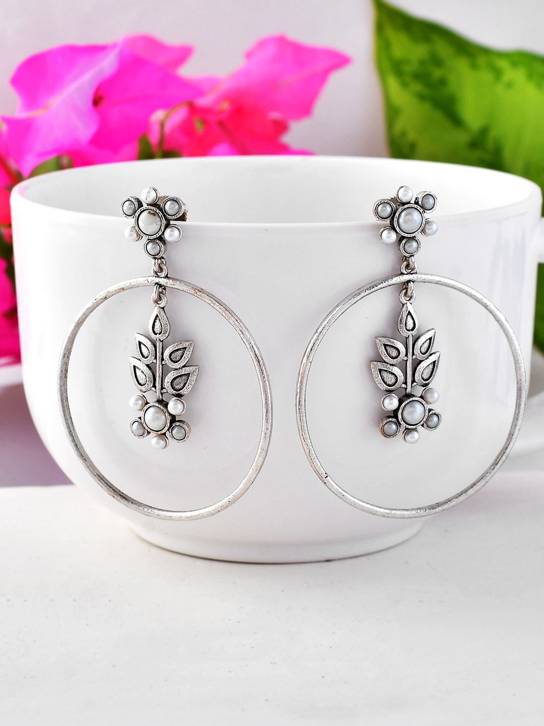 

Voylla Silver-Plated Beaded Oxidised Drop Earrings