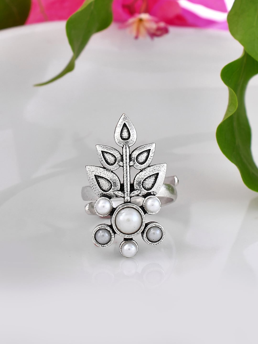 Voylla Silver-Plated Beaded Adjustable Finger Ring