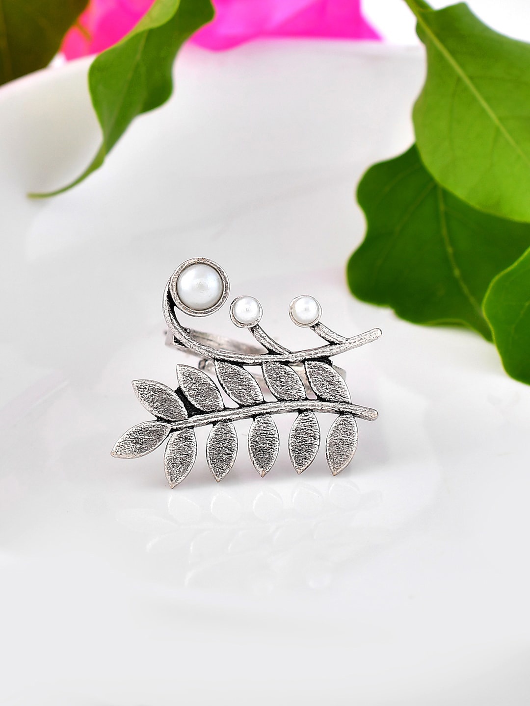 

Voylla Silver-Plated Beaded Adjustable Finger Ring